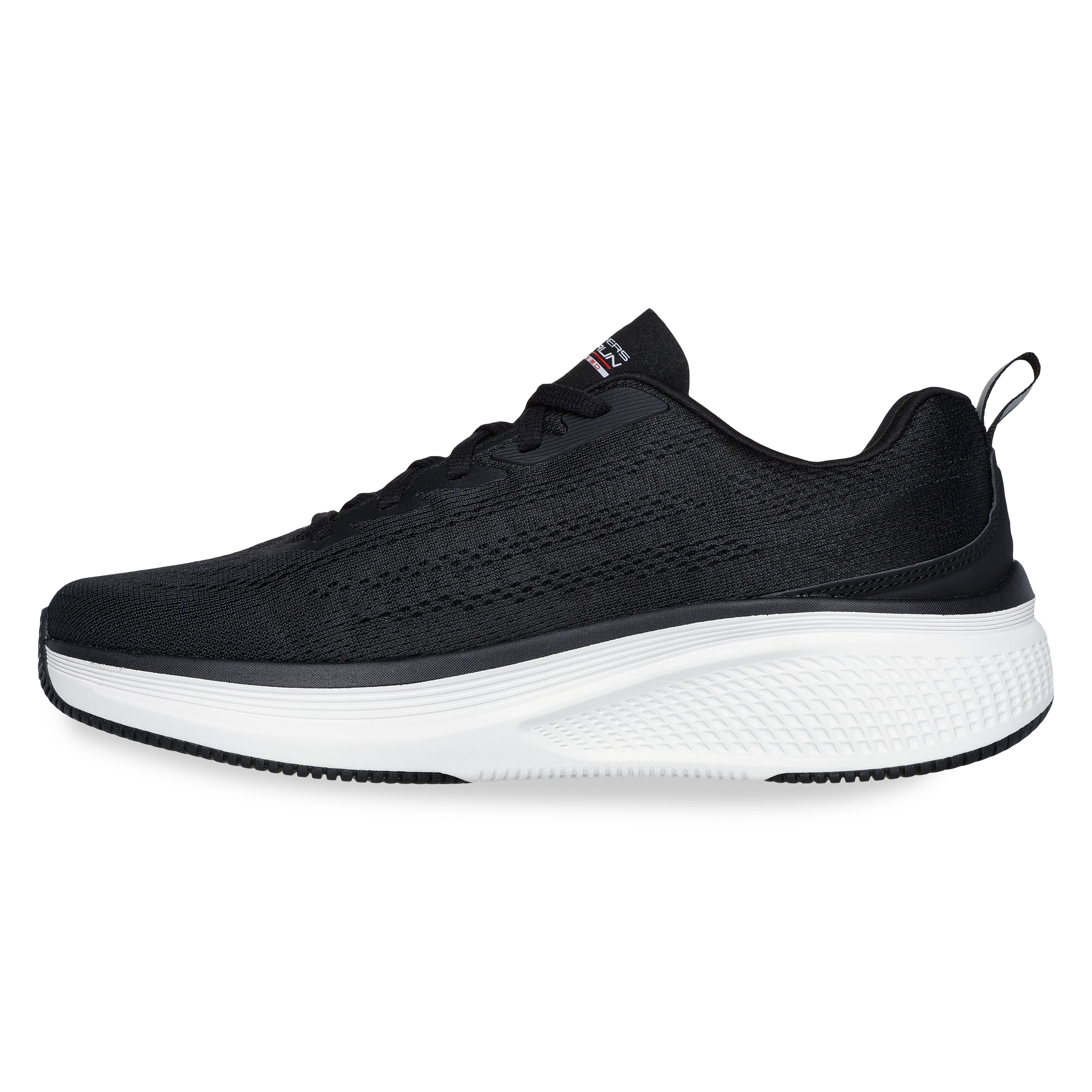 Tênis Skechers Fluid Motion masculino preto visto de lado, ideal para corrida